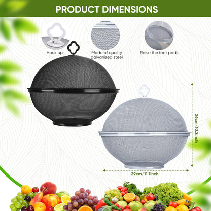 Metal Mesh Fruit Bowl with Lid & Basket - Fruit Fly Proof Kitchen Counter Storage for Fruits & Veggies (Black/2PCS)