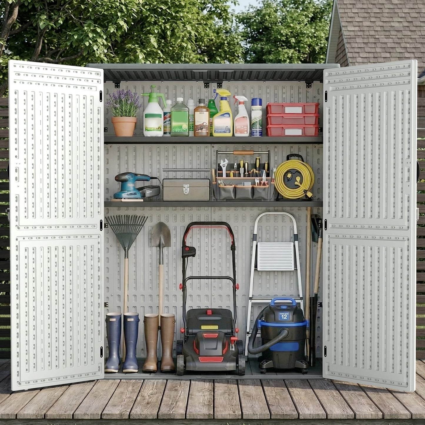 EHHLY Vertical Resin Storage Shed with 2 Shelves, 60 Cuft Garden Tool Sheds & Outdoor Storage, Plastic Outdoor Storage Cabinet Waterproof, 4.5 x 2.3 ft Outside Lawn Mower Storage Shed, Light Grey
