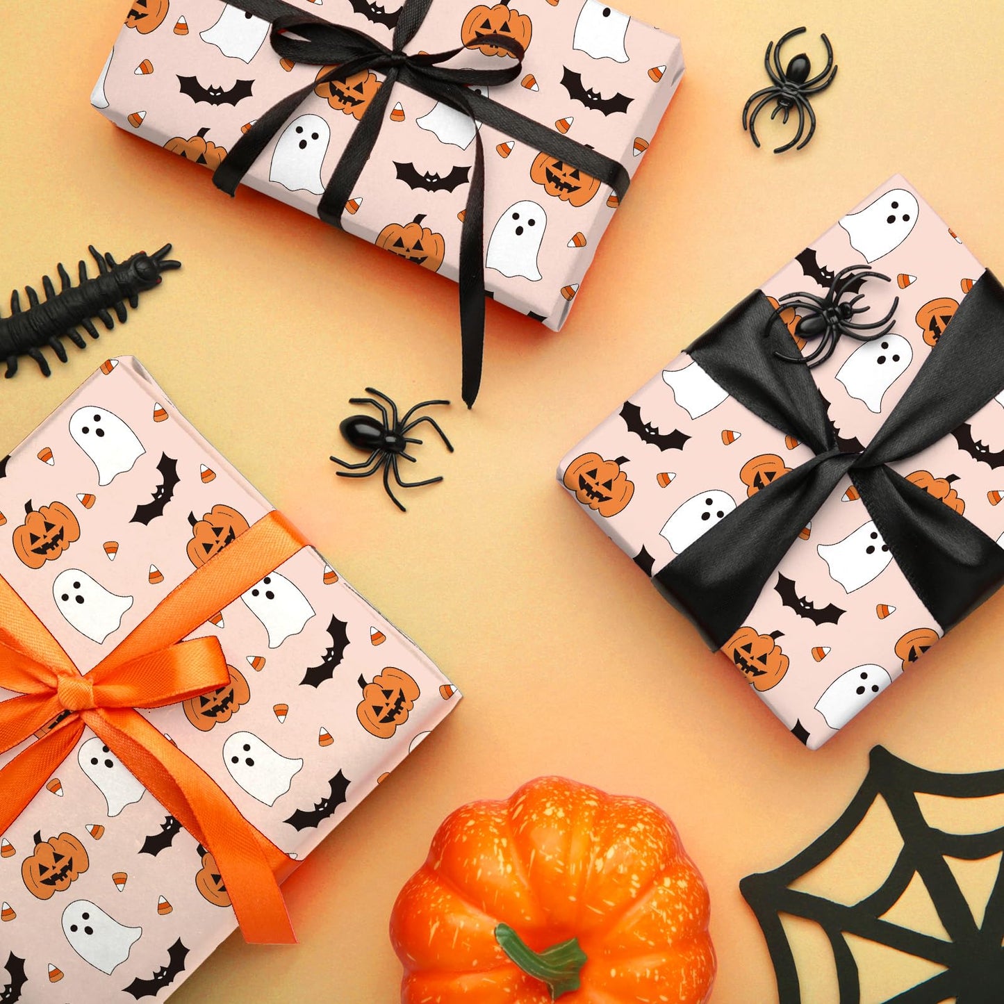 Whaline Halloween Wrapping Paper - Mini Roll - 17 In x 32.8 Ft Cute Pumpkin Ghost Bats Gift Wrap Paper Boho Orange DIY Art Crafts Packing Supplies for Halloween Birthday Baby Shower Holiday Party