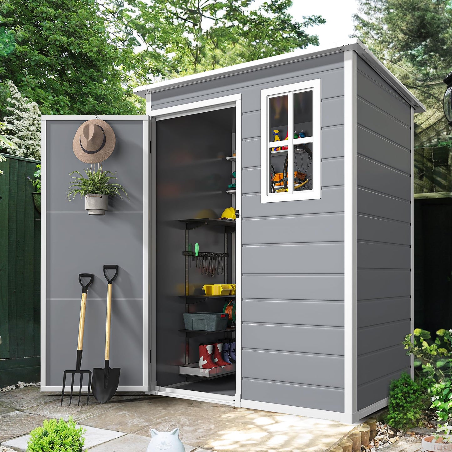 DWVO 5x3 FT Outdoor Storage Shed with Floor, All-Weather Resin Storage Shed with Window & Lockable Door, Waterproof Plastic Tool Storage for Garden Patio, Gray