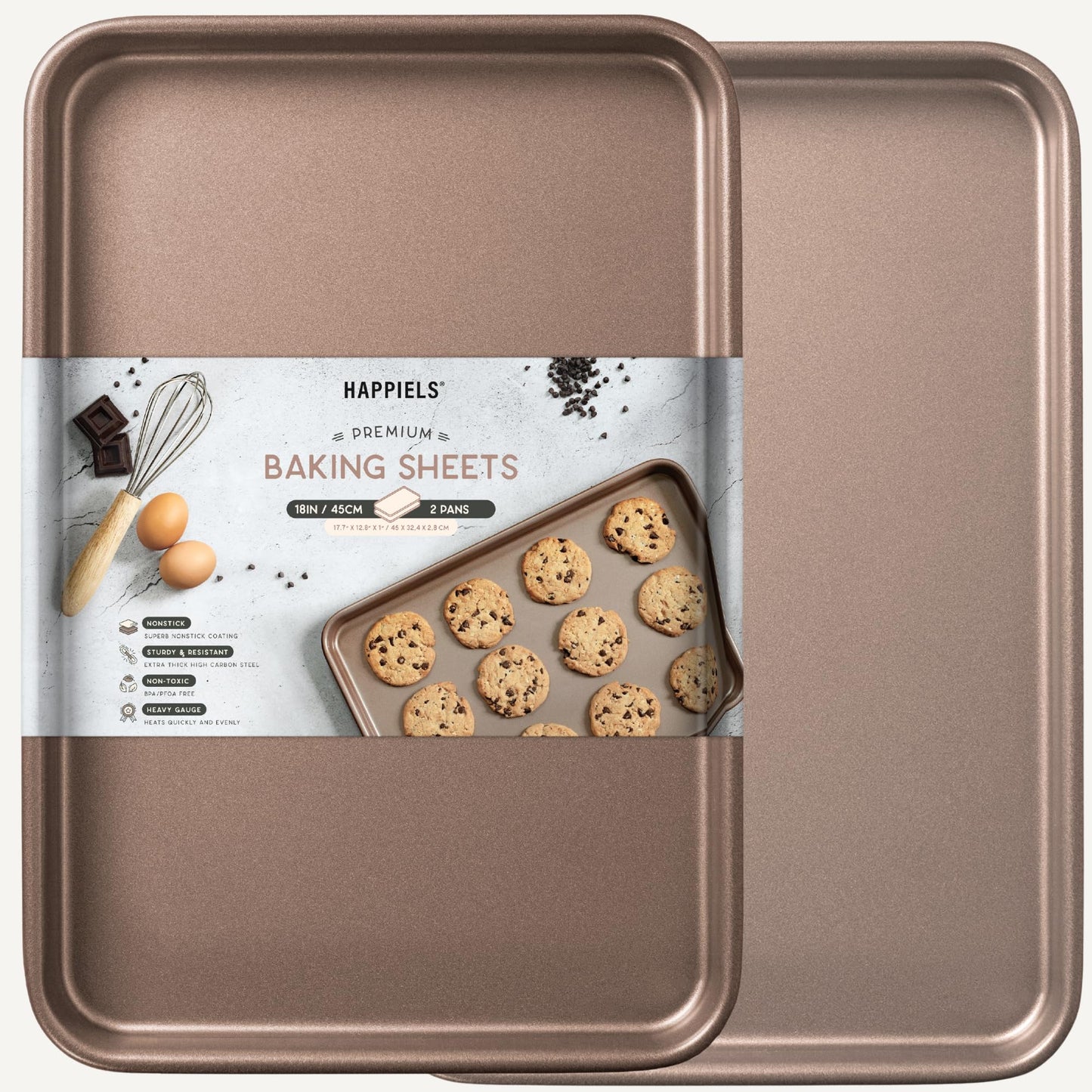 HAPPIELS Nonstick Baking Sheet Set of 2 | PFOA & BPA Free Non Toxic Carbon Steel Cookie Sheets | Best Non Stick Oven Cooking Pans & Half Sheet Pan | Best Nontoxic Baking Trays 18 Inch