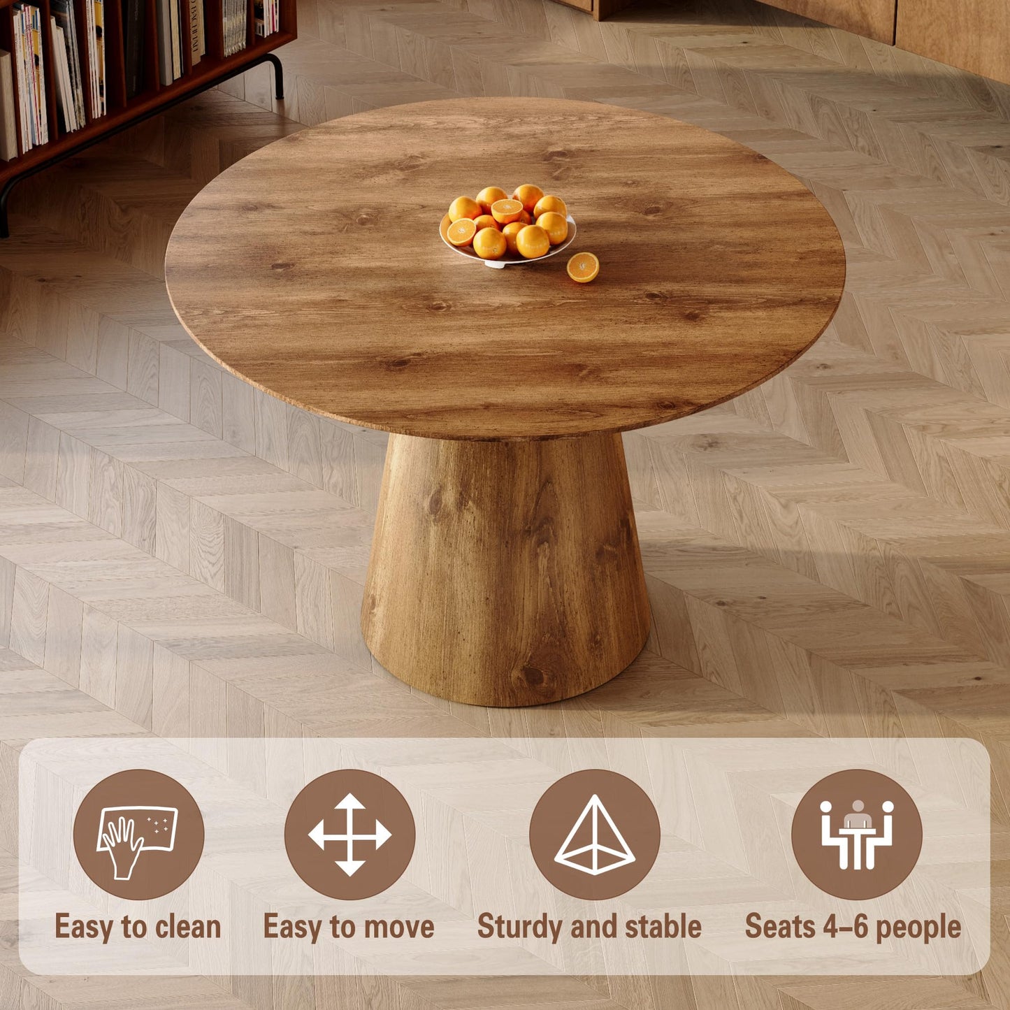 Vohuai 45-Inch Round Dining Table, Wood Round Table for 4/6, Seamless One-Piece Tabletop with Stable Conical Pedestal Base, Mid-Century Modern Round Dinner Table for Small Spaces Kitchen, Urban Family