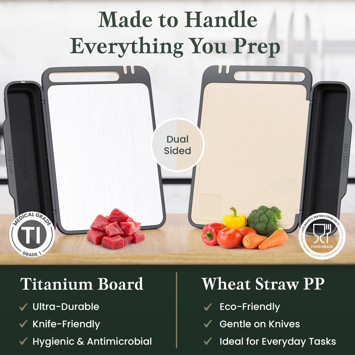 PURE-PREP Titanium Cutting Boards for Kitchen - Titanium Cutting Board Set for Kitchen Use - Metal Chopping Board with Collapsible Catch, Grater, Knife Sharpener, Double-Sided Design - Large 16”x11”