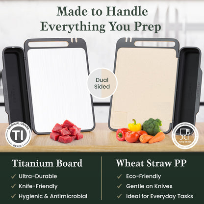 PURE-PREP Titanium Cutting Boards for Kitchen - Titanium Cutting Board Set for Kitchen Use - Metal Chopping Board with Collapsible Catch, Grater, Knife Sharpener, Double-Sided Design - Large 16”x11”