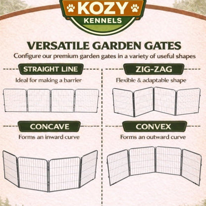 Kozy Kennels Decorative Outdoor Garden Fence - 32in, 8 Panels - Grey Heavy Duty Metal Fencing w/Anti-Rust Coating & Extra Wide Gate for Yard, Flower Bed Border, Dog & Animal Barrier