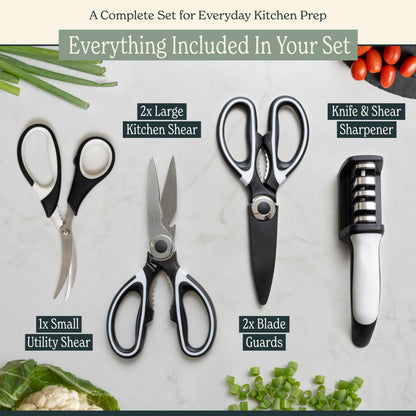 Heavy Duty Kitchen Shears With Sharpener - Lifetime Replacement Warranty* - Multipurpose Stainless Steel Scissors for Food - Sharp Food-Grade Kitchen Scissor for Meat, Seafood, Poultry - 4 Piece Set