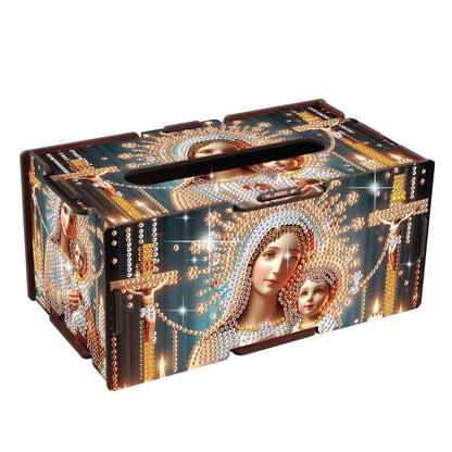 DIY Religious Diamond Painting Tissue Box, Virgin Mary and Jesus Diamond Art Wooden Tissue Holder, Decorative Rhinestone Tissue Box Cover Craft Kit for Home, Prayer Room or Faith-Based Decor