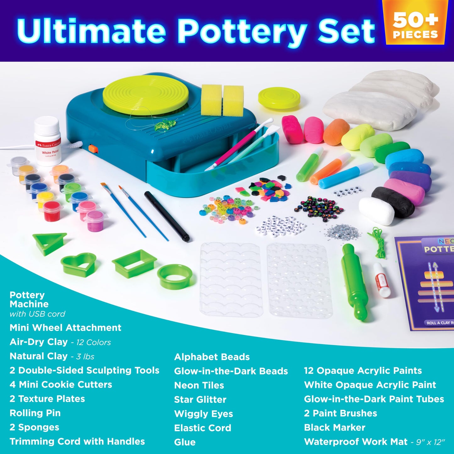 Faber-Castell Neon Glow Pottery Studio: Create Your Own Pottery Designs with USB-Powered Pottery Wheel, Air Dry Clay, Neon & Glow in The Dark Paints, Tools & 50+ Craft Supplies for Kids (Ages 8+)