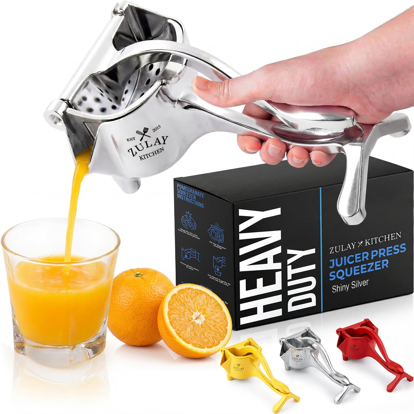 Zulay Manual Fruit Juicer- Heavy Duty Juice Press Squeezer with Detachable Lever & Removable Strainer - Fruit Press & Hand Juicer For Pomegranates, Lemons, Oranges, and More (Silver)