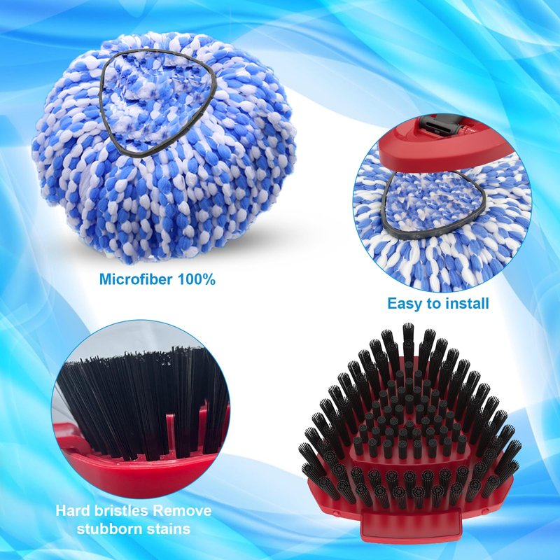 Fatmass Spin Mop Head and Brush Replacement Compatible with O Cedar EasyWring 1-Tank System, 4 Mop Replace Heads, 1 Handle, 1 Base and 1 Scrub Brush Combo Set