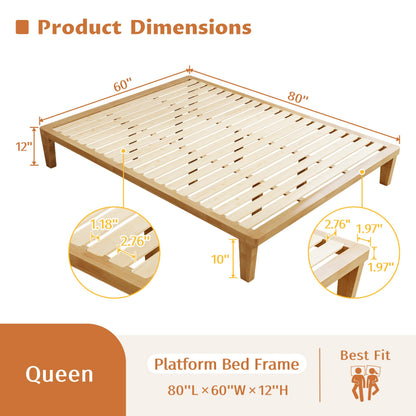 IOTXY Queen Platform Bed Frame - 12 Inch Solid Wood Mattress Foundation Base with Heavy-Duty Support Slats & Legs, Rubberwood Queen-Size Bedframe