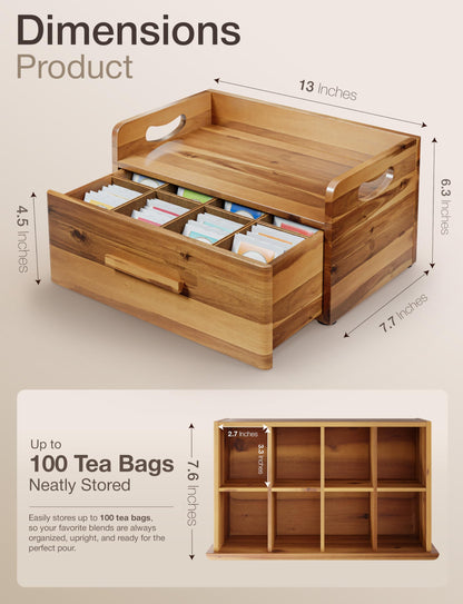 Tinamo Acacia Wooden Tea Box Organizer with Drawer – Tea Chest for Tea Bags Storage – Tea and Coffee Organizer - Wooden Tea Tray and Containers for Countertop Display (Acacia)