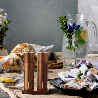 LOYIM Wooden Salt and Pepper Grinder Set 8 Inch Manual Salt and Pepper Mill with Tray Adjustable Coarseness Refillable Wood Grinders with Gold Bottle Label for Kitchen Christmas Home Gift(Wood Color)