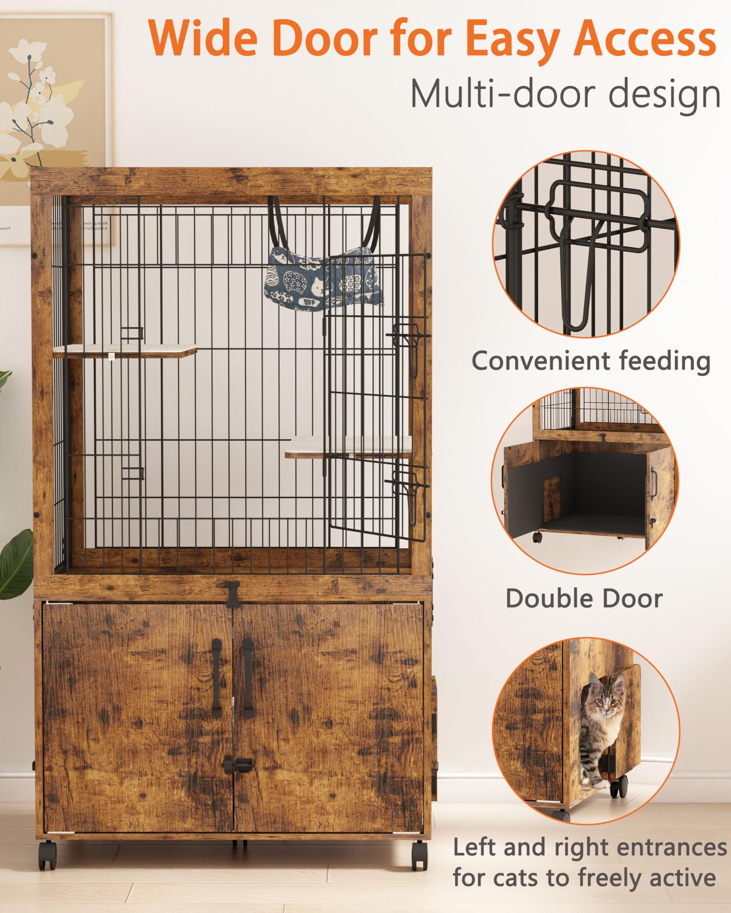Megidok Furniture Cat Cages Indoor with Wooden Hidden Litter Box Enclosure Built-in Urine Cover Cat Kennel Cat Crates Cat Playpen - Rustic Brown