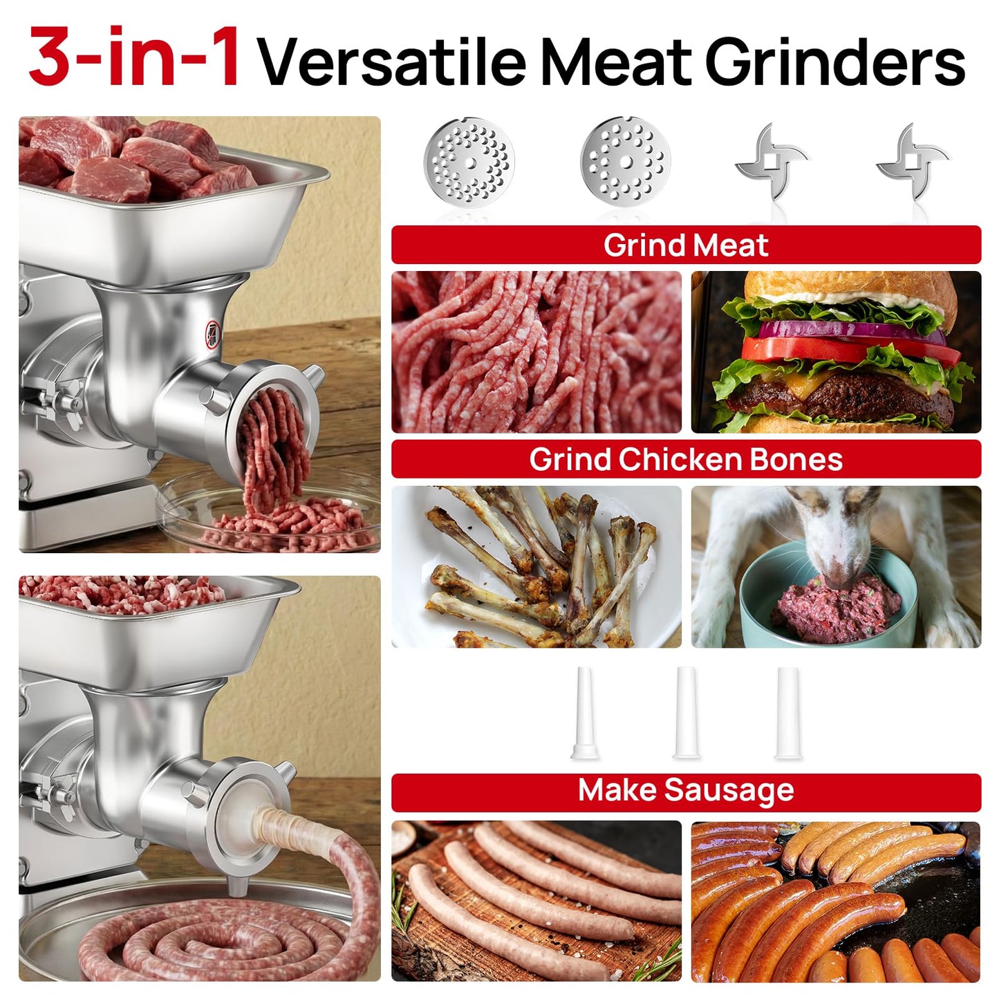 ARINOO Electric Meat Grinder, Grinds Chicken Bones, 1.5 HP Heavy Duty Stainless Steel Commercial #12 Meat Mincer Machine with 2 Plates, 2 Blades and 3 Sausage Tubes for Home Use, 7 Lbs/Min