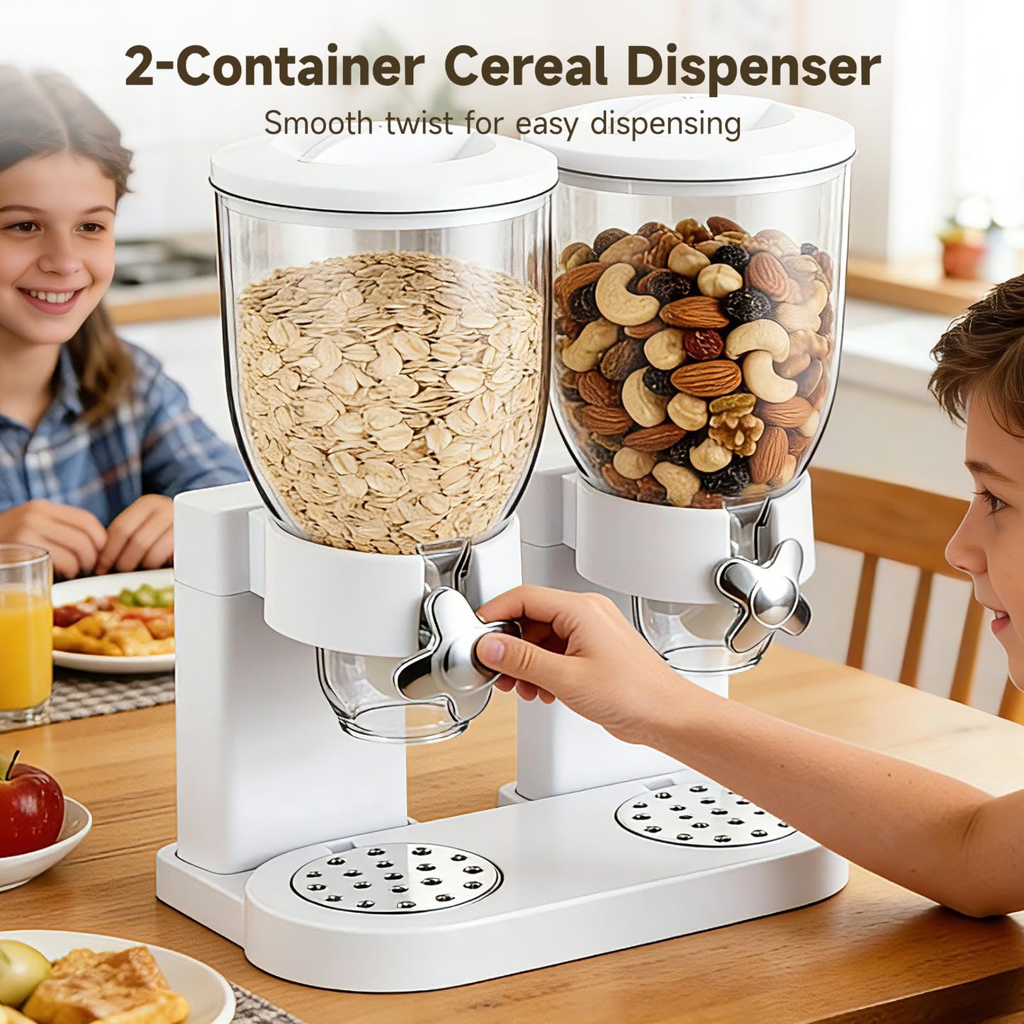 Skdqiee 2-Container Cereal Dispenser, 4L Dry Food Storage, White Triple Snack Dispenser, Rotating Dry Food Containers Storage for Candy, Nut, Coffee Beans, 10.6 x 6.3 x 13.8 in