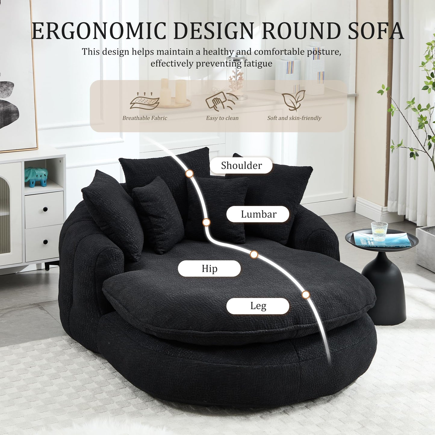 Oversized Oval Bean Bag Sofa, Chenille Fabric Floor Lounger with 5 Pillows and Wrap-Around Backrest for Adults, Large Lazy Sofa for Living Room and Game Room, Black