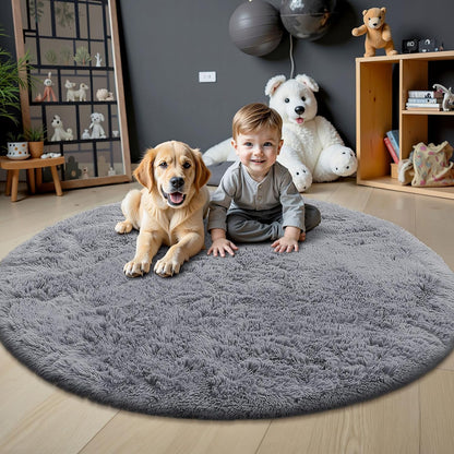 OLANLY Round Light Grey Area Rug - Soft, Machine Washable 5 ft Shaggy Carpet for Bedroom & Living Room