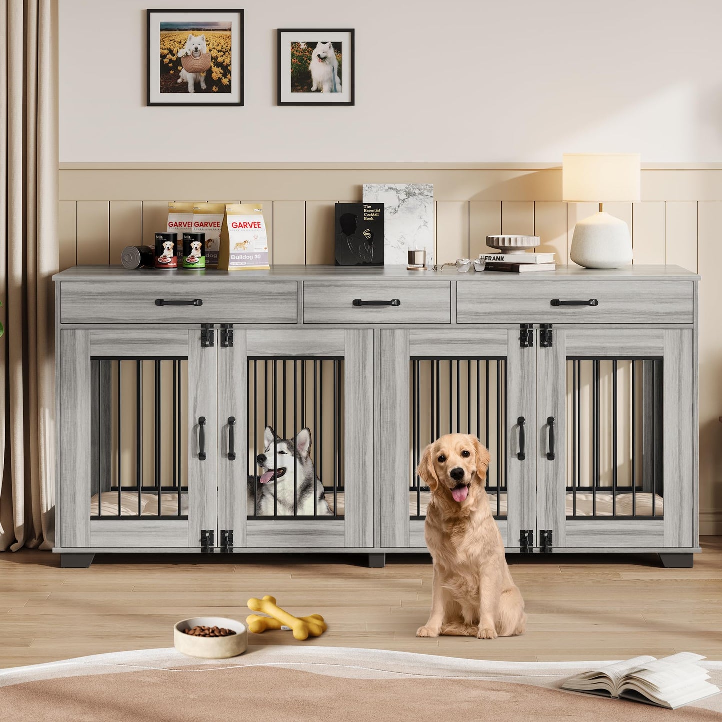Garvee 71 Inch Large Dog Crate Furniture for 2 Dogs, Wooden Double Dog Crate Large Breed with Door, Dog Kennel Indoor, TV Stand End Table with Divider for Large Medium Dogs,Grey