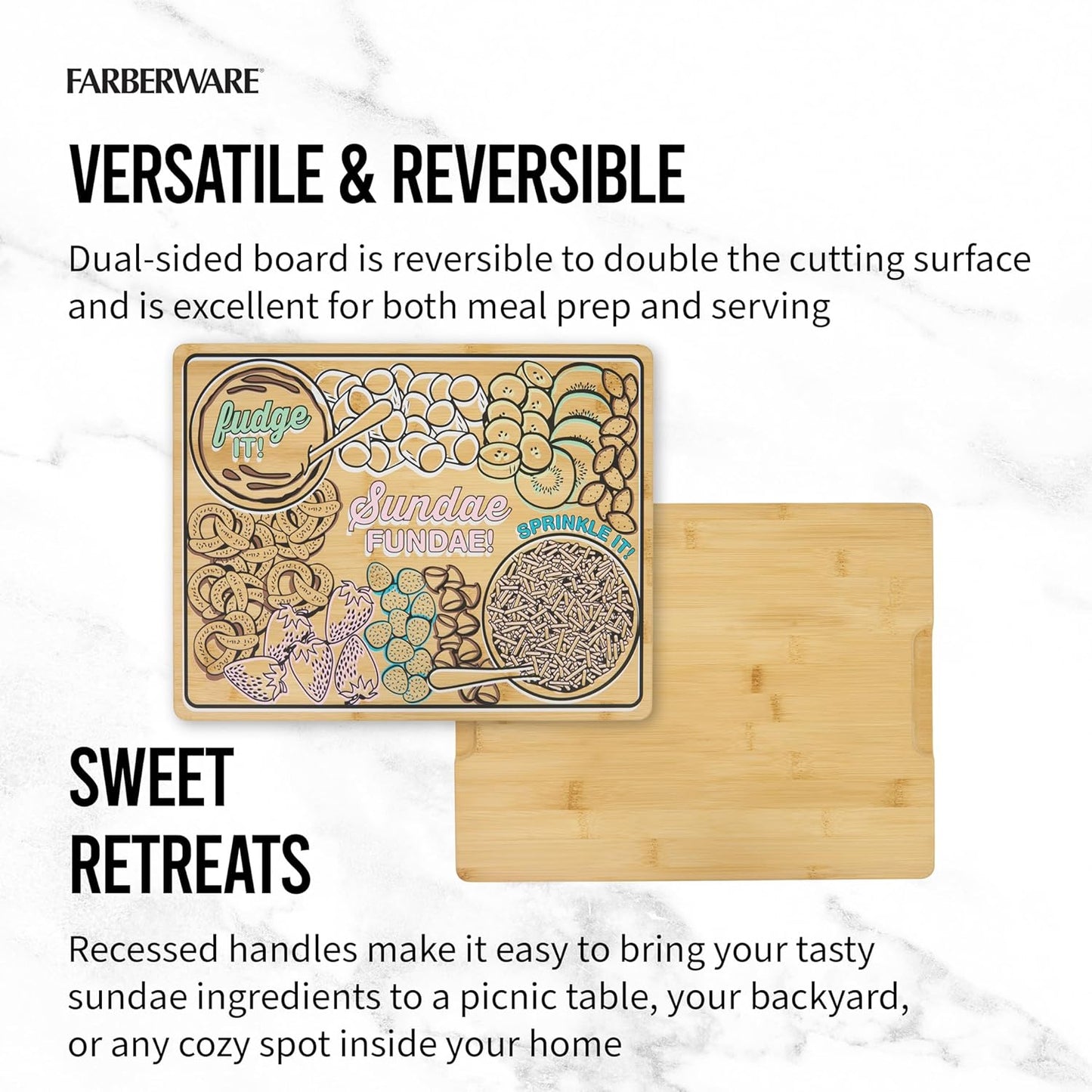 Farberware Sundae Board with Recessed Handles, Reversible Kitchen Cutting Board, 11x14-Inch, Bamboo