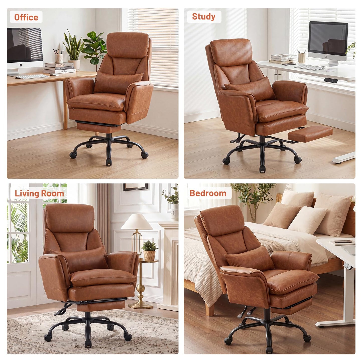 Furniliving Big and Tall Office Chair, Ergonomic Computer Desk Chair with Footrest, Wide Seat Reclining Gaming Chair, Flip Armrests for Cross Legged Sitting, Heavy Duty Support up to 400LBS, PU, Brown
