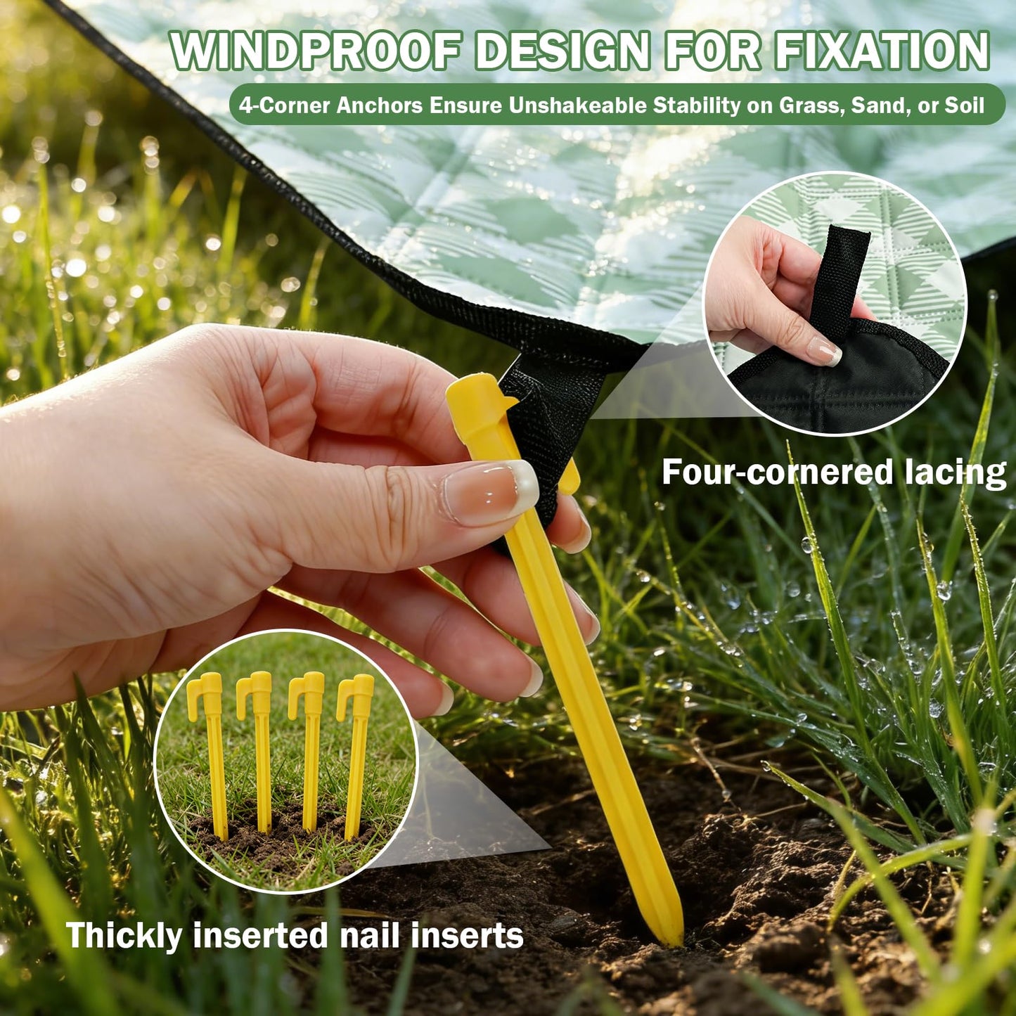 Extral Large Outdoor Waterproof Picnic Blanket With Shoulder Strap, 80"X80" 3-Layer Windproof Foldable Picnic Mat with Corner Nails, Machine Washable, Camping, Lawn Park Grass, Travel, Beach, Green