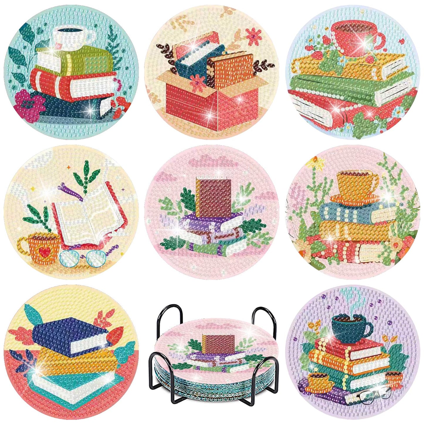 8 Pcs Book Diamond Art Coasters Kit - DIY 5D Diamond Painting Coasters with Holder, Mini Diamonds Arts Kits for Adults Coaster with Cork Pads, Gem Arts Dots Painting Crafts Supplies for Home Decor