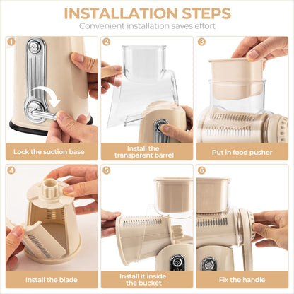 SUSTEAS Rotary Cheese Grater with Handle - Vegetable Shredder with 5 Well-designed Blades & Strong Suction Base,Round Mandoline Slicer & Food Chopper for Kitchen,with Blade Storage Box(Beige)