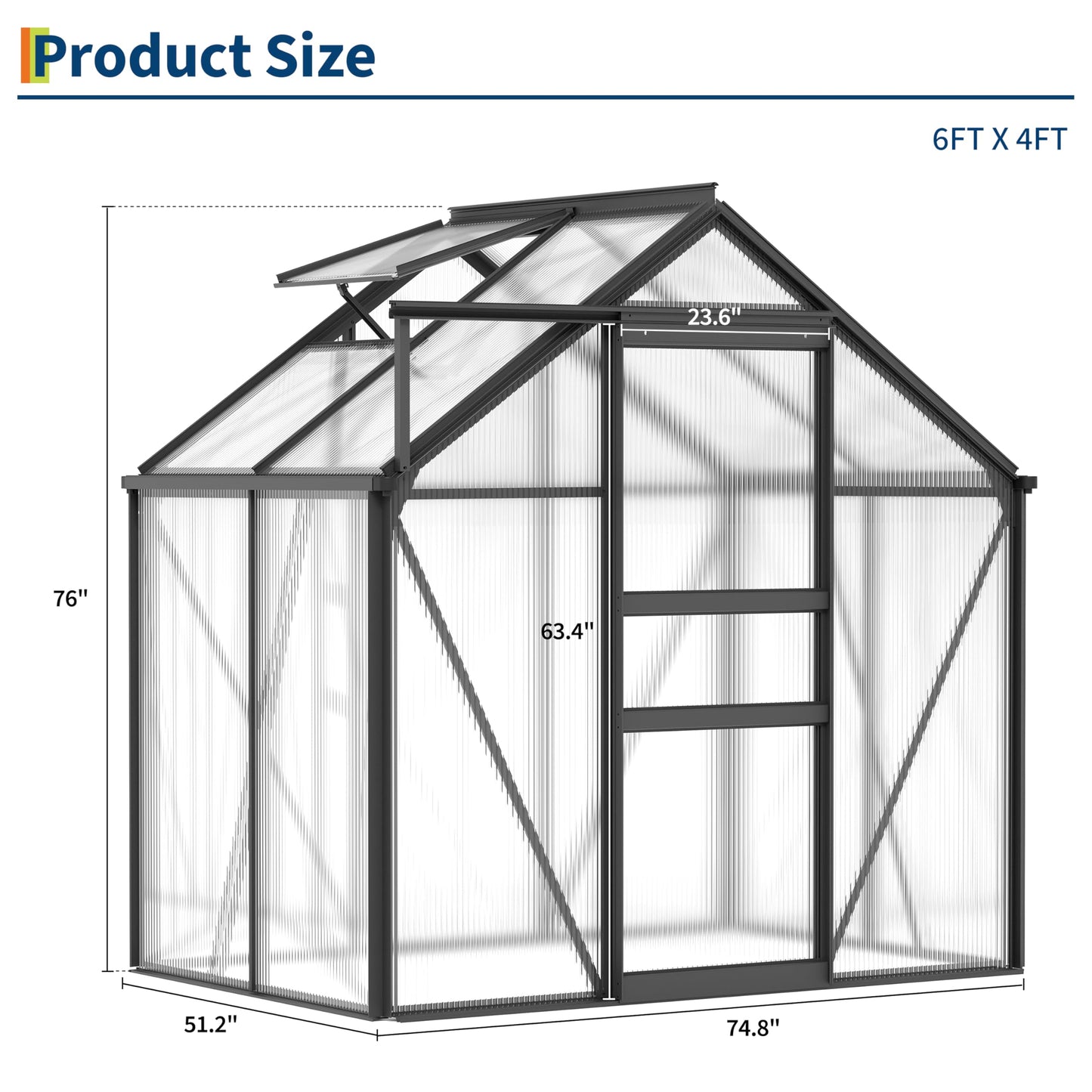 Garvee 6x4 Ft Polycarbonate Greenhouse - Freestanding Small Greenhouse for Outdoors with Rust-Resistant Aluminum Frame, Gutter System & Roof Vent, Ideal for Seed Starting & All-Season Plant Protection