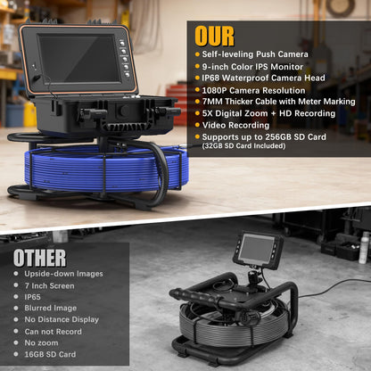 Sewer Camera 100ft, Self Leveling Drain Camera with Meter Counter, 7mm Thick Cable, 9" HD Screen 1080P Plumbing Cameras Snake with Light, 5100mAh Battery Duct Pipe Video Inspection Cam DVR 32GB