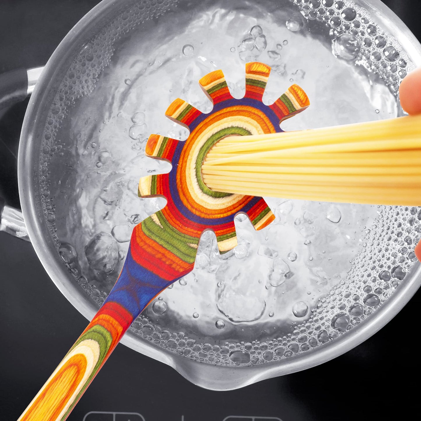 Baltique Marrakesh Collection Wooden Spaghetti Spoon – 12.5" Pasta Server with Teeth, Colorful Birch Wood Utensil for Portioning, Stirring & Serving Noodles