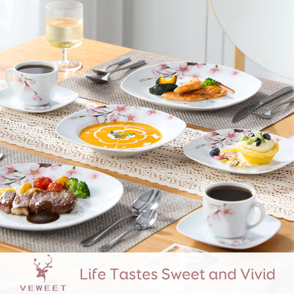VEWEET Annie Porcelain Dinnerware for 6, 30-Piece Pink Floral Dish Set With Plates and Bowls Including Dinner, Dessert, Soup, Cups & Saucers