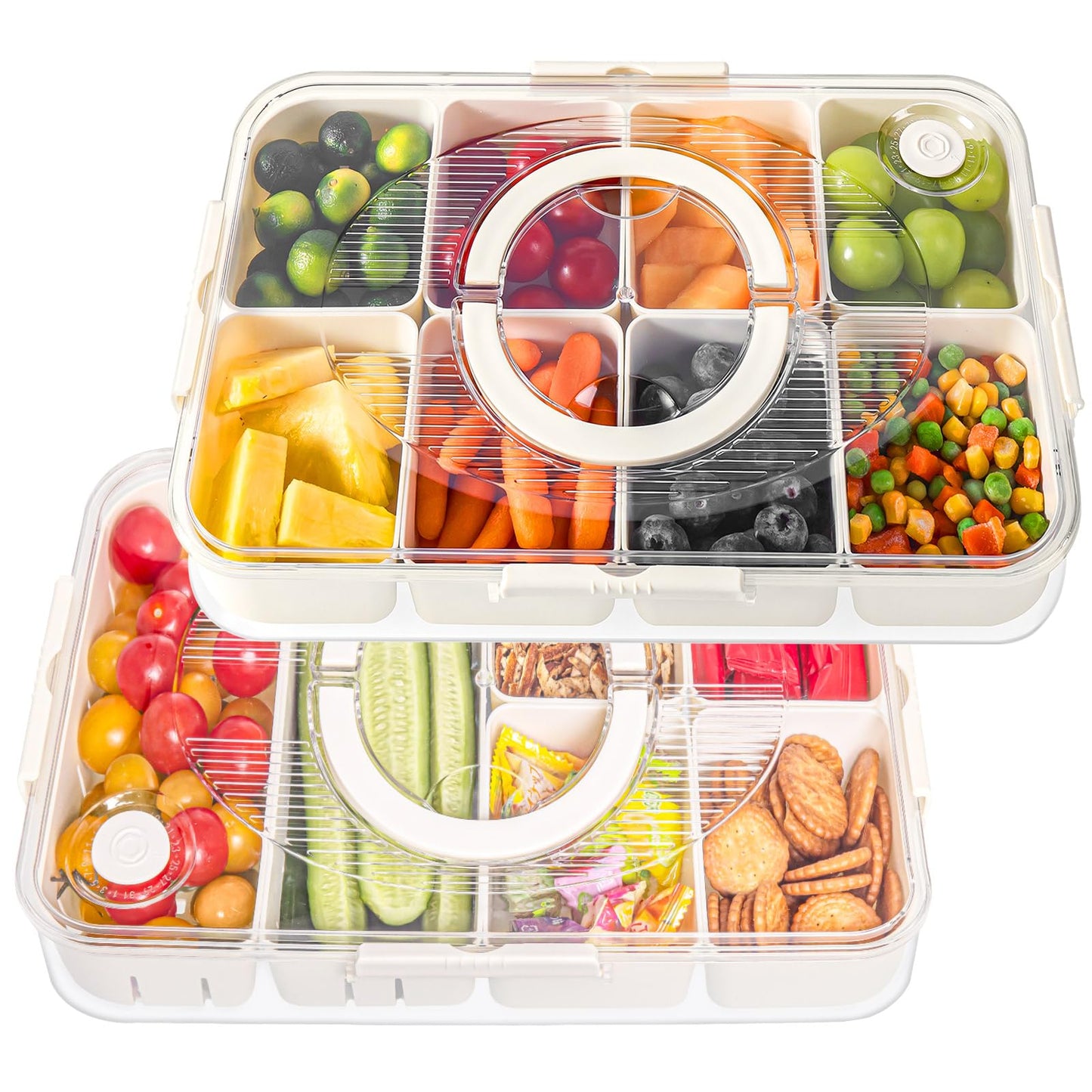 LUXEAR 2Pack 8-Compartment Snackle Box - Airtight Leakproof Divided Food Tray with Lid & Handle, BPA-Free Dishwasher Safe for Picnic, Fridge, Travel, Party, Ideal for Charcuterie & Food Storage
