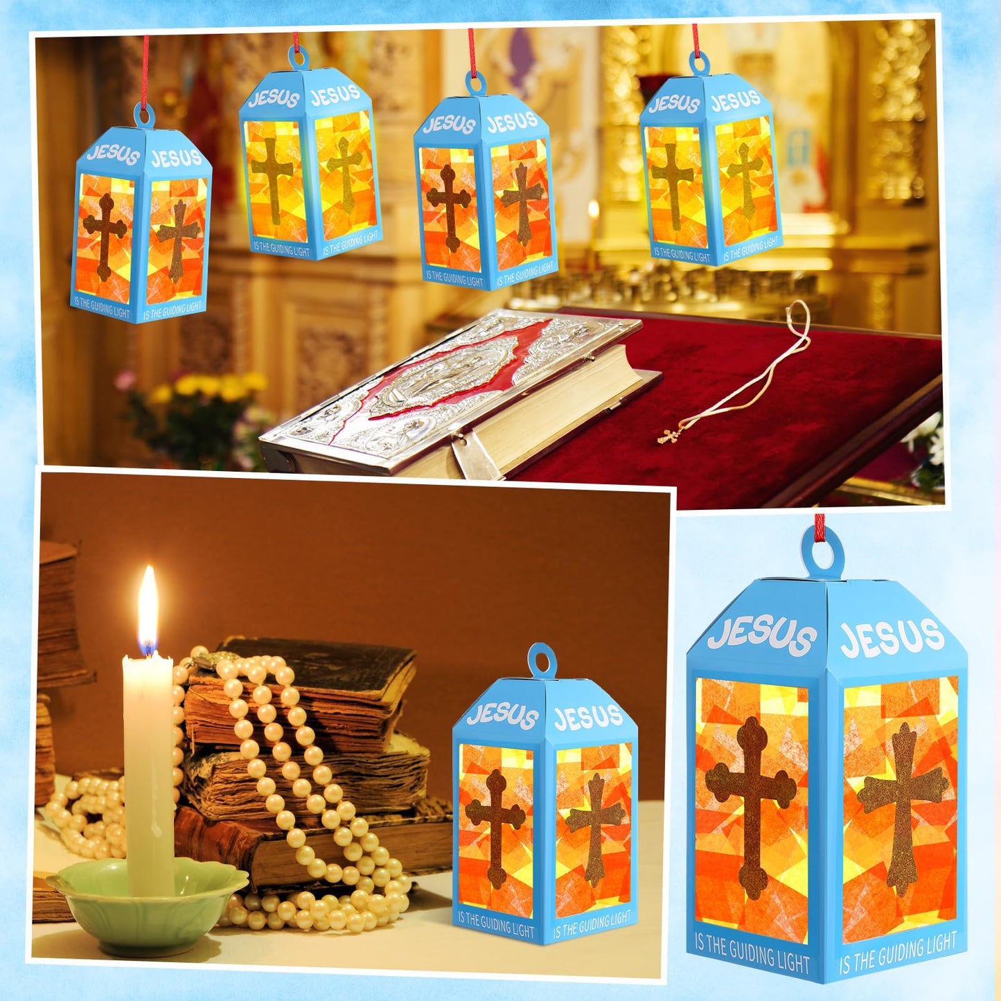 Simgoing 12 Religious Cross Lanterns Crafts with LED Candles Lights Jesus Lights The Way Sunday School Tissue Paper DIY Oil Lamp Cross Hanging Ornament Vsb Church Activity