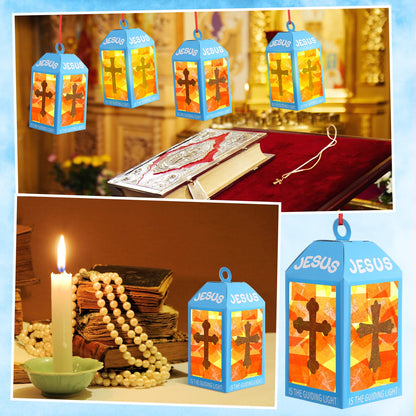 Simgoing 12 Religious Cross Lanterns Crafts with LED Candles Lights Jesus Lights The Way Sunday School Tissue Paper DIY Oil Lamp Cross Hanging Ornament Vsb Church Activity