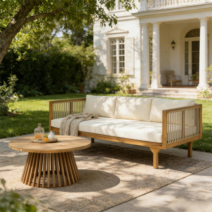 Merax Outdoor Acacia Wood Conversation Set - Patio 3-Seat Loveseat Sofa w/Coushion and Round Coffee Table for Backyard, Lawn, Balcony, Water Repellent, 600 lbs Sofa Capacity, Teak +Beige