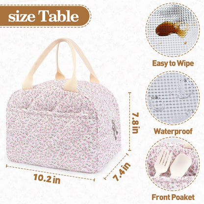 Dark Swan Cotton Quilted Insulated Lunch Bag, Cute Quilted Floral Tote Bags Reusable Lunch Box Coquette Aesthetic Large Capacity Insulated Cooler for Women Work Travel Picnic (Pink)