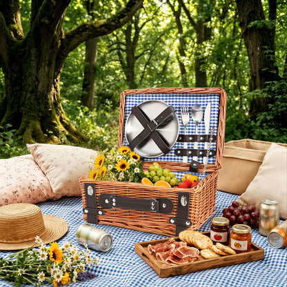 Weavvy Picnic Basket Set for 2, Wicker Picnic Baskets with Waterproof Blanket and Cutlery Service Kit, Willow Hamper for Camping, Outdoors, Valentine's Day, Christmas, Birthday, Wedding Gift