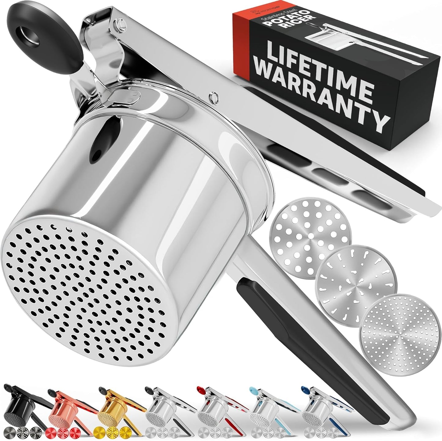 15oz 3 PriorityChef Large Potato Ricer With Discs, Heavy Duty Stainless Steel Potato Ricer for Mashed Potatoes, Potato