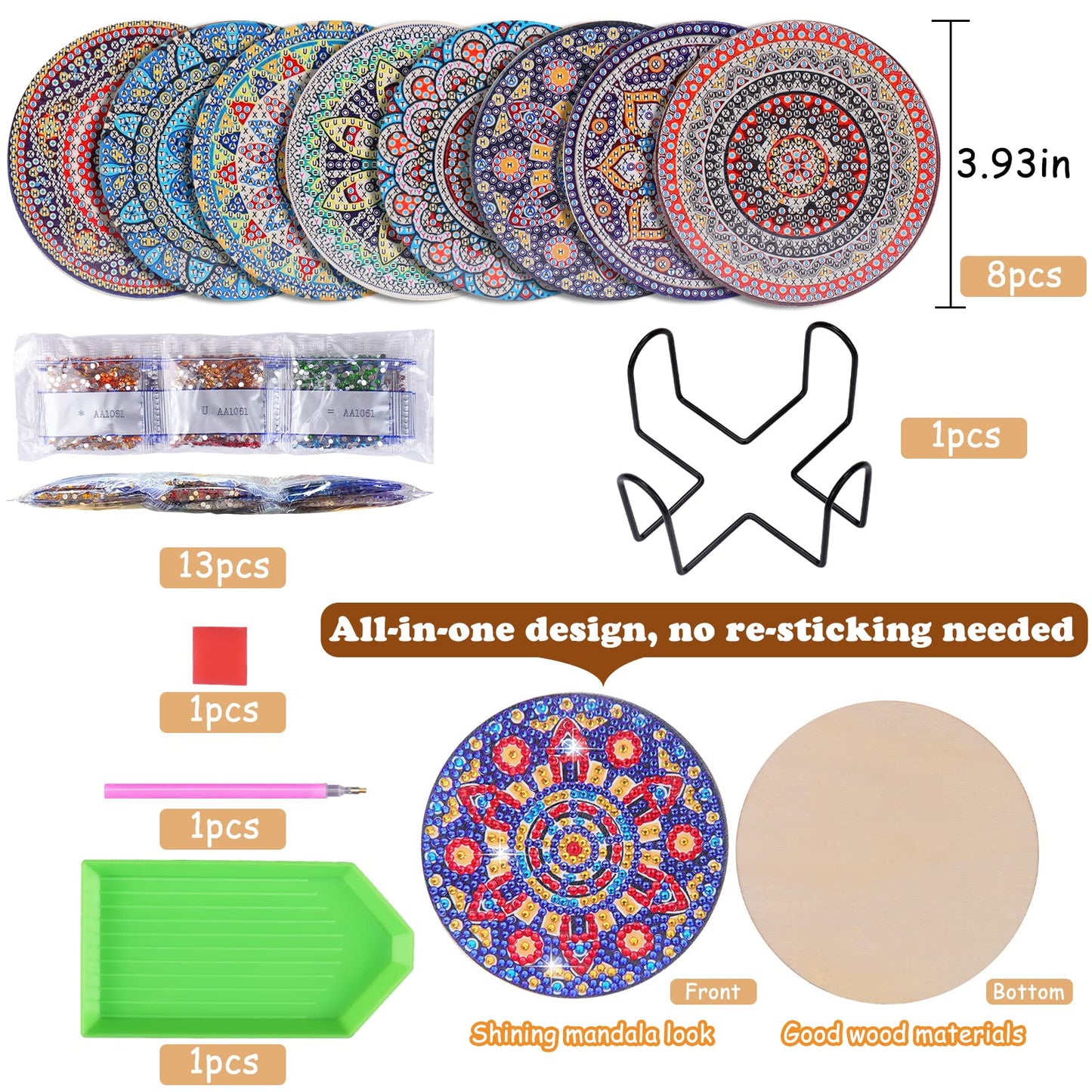 BSRESIN 8 Pcs Coasters with Holder, Mandala DIY Diamond Art Crafts for Adults, Small Diamond Painting Kits Accessories