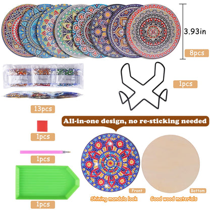 BSRESIN 8 Pcs Coasters with Holder, Mandala DIY Diamond Art Crafts for Adults, Small Diamond Painting Kits Accessories