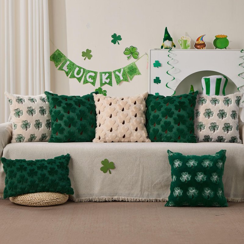 WKJZH St Patricks Day Pillow Covers 18x18 Inch Set of 2 Green Shamrock Brown Petioles Decorative Soft Plush Faux Wool Throw Pillows for Couch Sofa Bedroom Holiday Home Decor MRD03A45