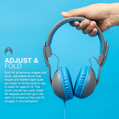 JLab JBuddies Studio 2 On-Ear Kids Wired Headphones, Grey/Blue, Toddler Headphones, Kid Safe, Studio Volume Safe, Volume Limiter, Folding, Adjustable, Noise Isolation, with Mic