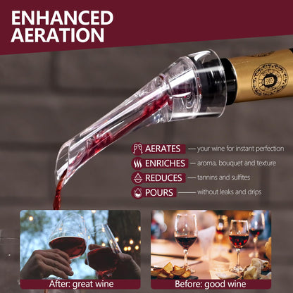 Wine Aerator Pourer Spout Diffuser - Wine Decanter with Aerator Attaches to Wine Bottle for Enhanced Flavor | Premium Quality Wine Air Aerator with Reusable Silicone Wine Stopper | No Drip or Spill