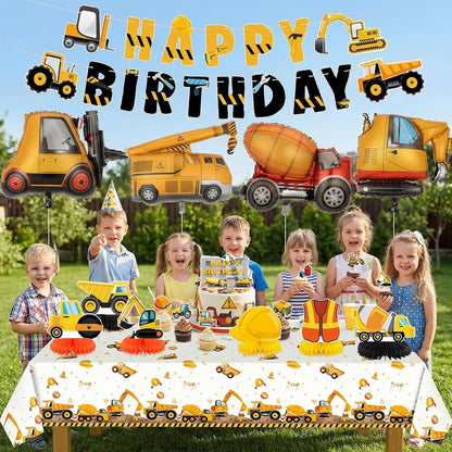 Set 4 Construction Birthday Party Supplies for Boy Birthday Decorations with Foil Truck Balloons Happy Birthday Banner