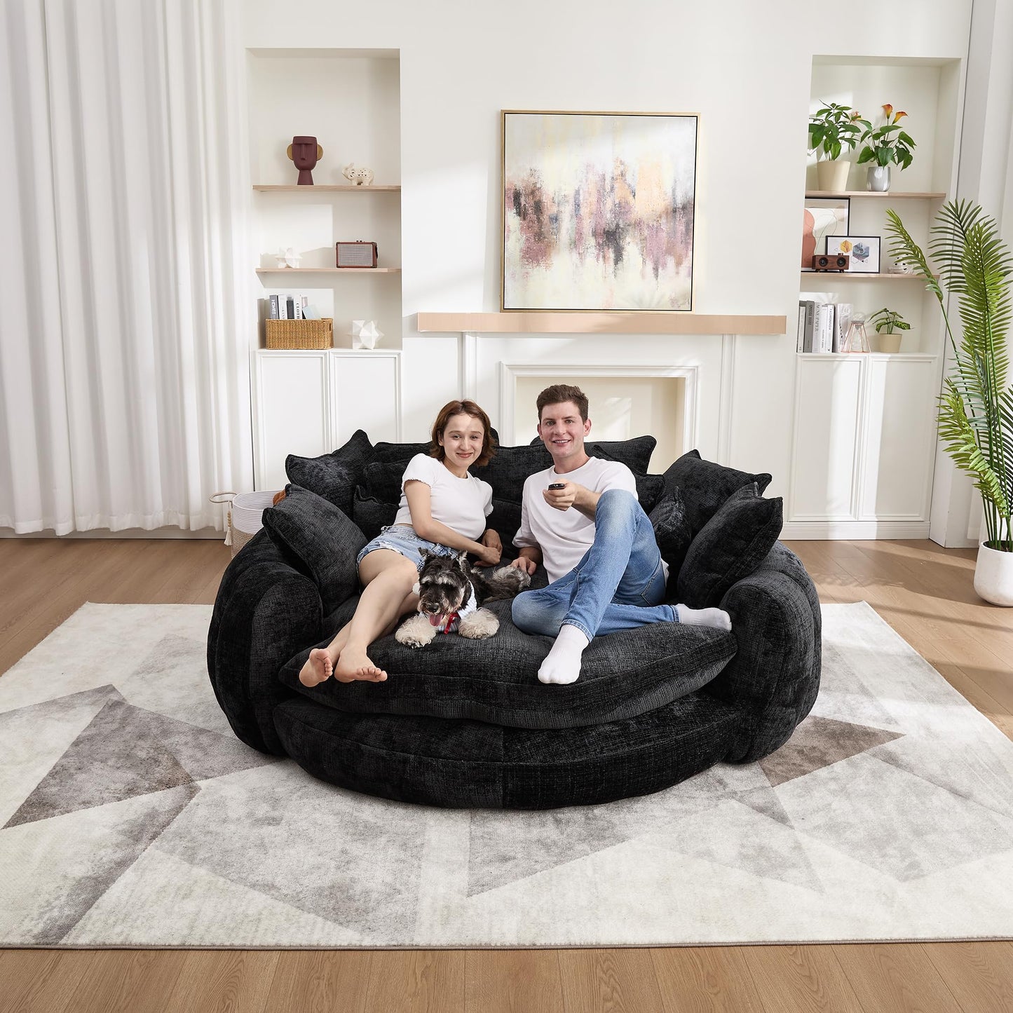 81" Round Sofa Bed Big Bean Bag Round Chaise Lounge Oversized Round Couch Boneless Reading Chair Plush Fluffy Chenille Large Chaise Chair for Living Room, Bedroom, Apartment, Black