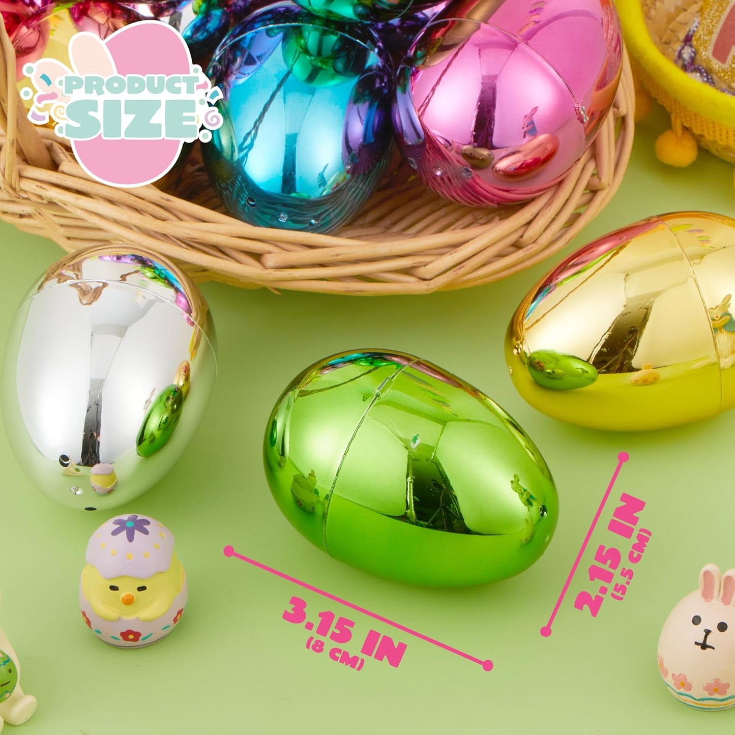 3.15" 72 JOYIN Metallic Easter Eggs, Shinny Plastic Eggs Colorful Bulks for Easter Hunt, Filling Treats, Easter Basket