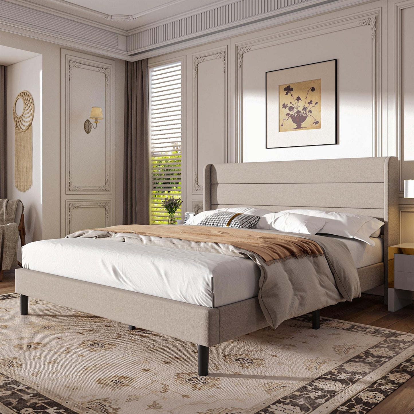 Mxhtcewz King Size Upholstered Platform Bed Frame, Modern Linen Fabric Bed with Wingback Headboard, Sturdy No Wobble, Noise-Free & Easy Assembly, No Box Spring Needed, Beige