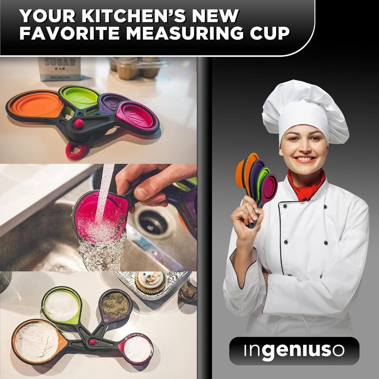 Collapsible Measuring Cups and Nesting Spoons, Adjustable Silicone for Cooking, Space-Saving - 2 Sets