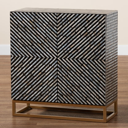 Baxton Studio Belenus Modern Bohemian Herringbone Black Mother of Pearl Storage Cabinet